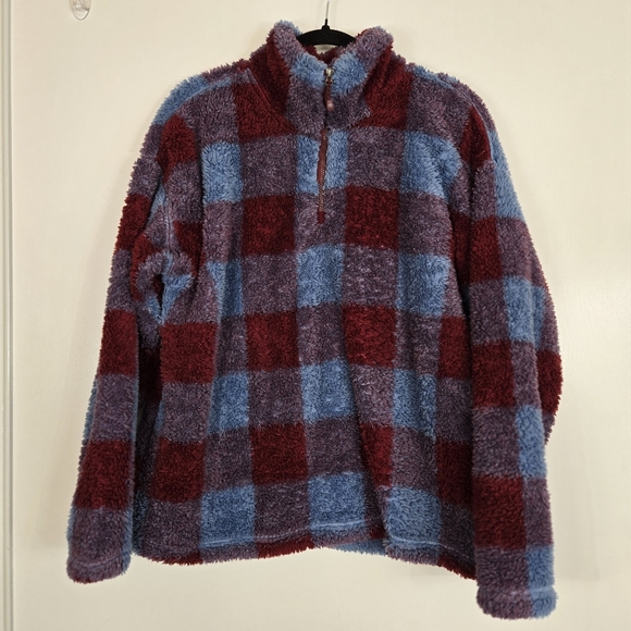 Eddie Bauer Tops - Eddie Bauer Womens XL Fleece Pullover Plaid Quarter Zip Cozy Warm Comfy Blue Red